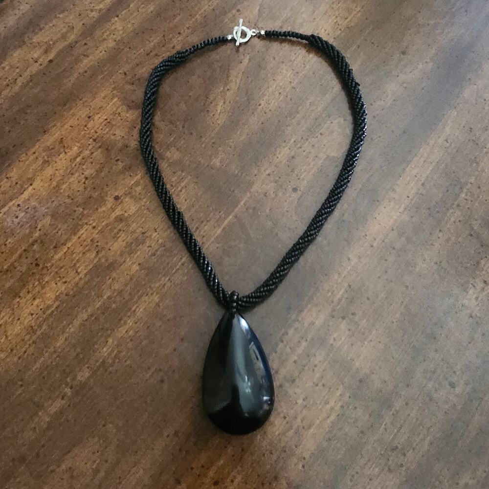 Black Glass Teardrop Pendant Multi Strand Seed Bead Toggle Necklace Statement